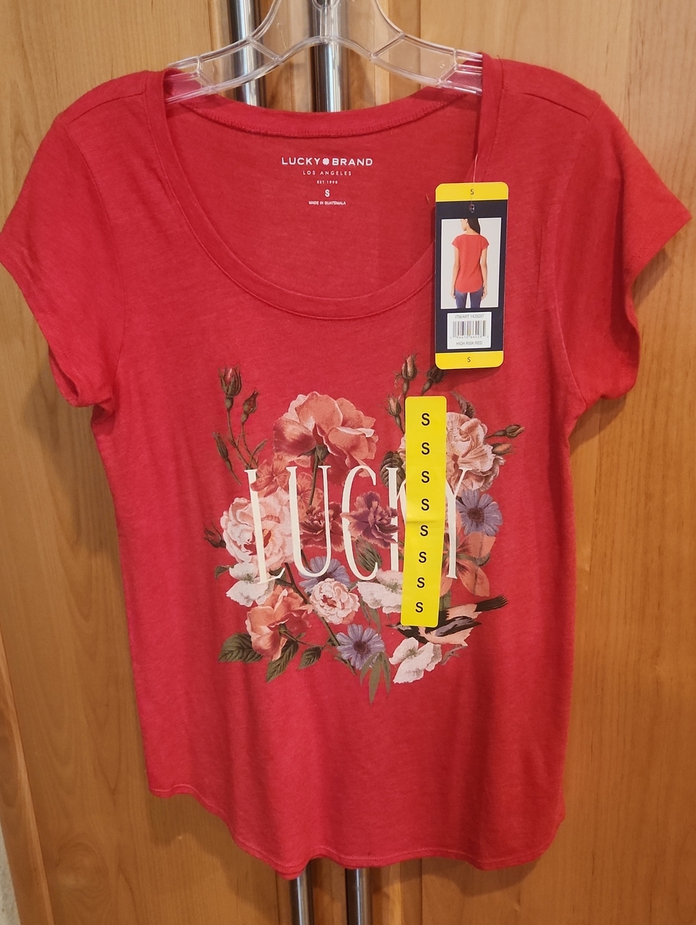 Lucky Brand Red Floral Logo Scoop Neck Tee
